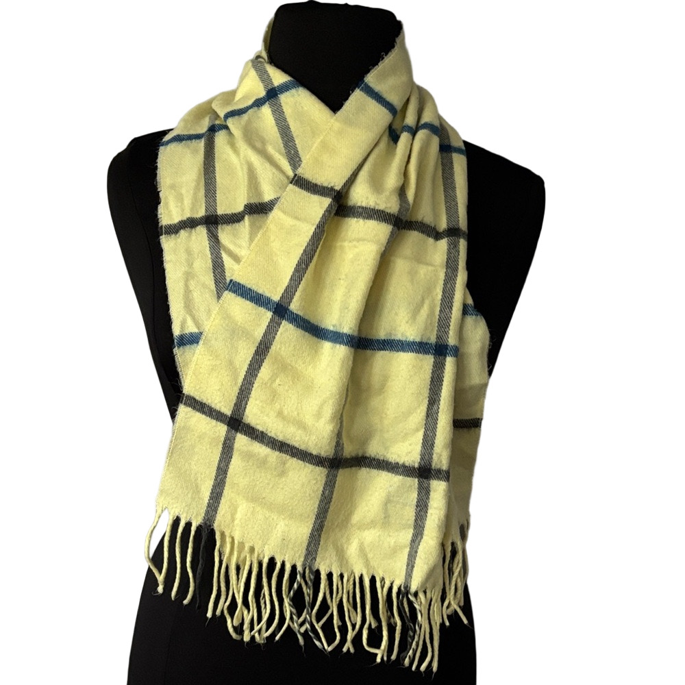 Christian Dior Monsieur Vintage Pale Yellow Blue Plaid Cashmaire Acrylic Scarf